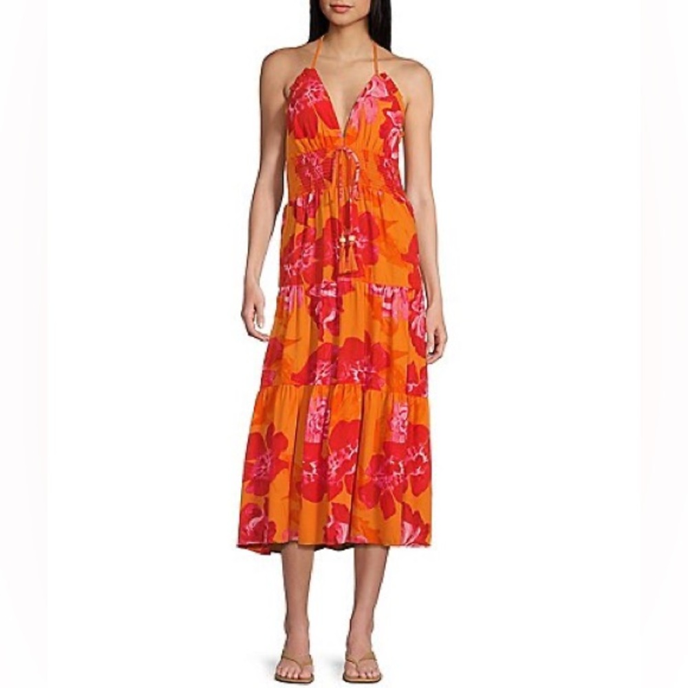 Chelsea & Violet Floral Border Printed Halter Midi Dress Orange Size Medium